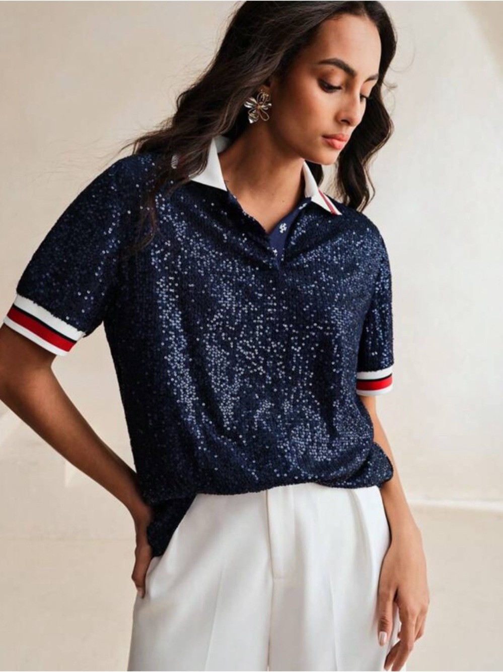 Sequin Polo Top with Contrast Trim - Navy NWT